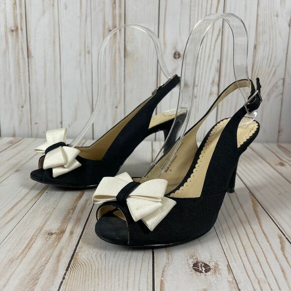Kelly & Katie Black Peep Toe Heels with Light Cream Bow Size 6 - Picture 1 of 6